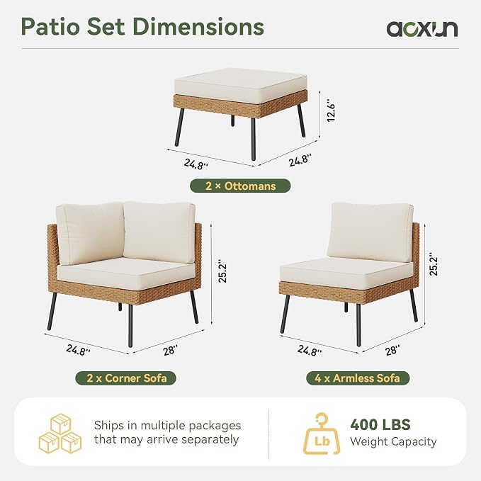 Aoxun 8 Piece Patio Furniture Set, 8 Seats Outdoor Sectional Sofas with Thick Cushion, Wicker Patio Outdoor Furniture Set with Ottomans for Party, Garden, Backyard, Beige