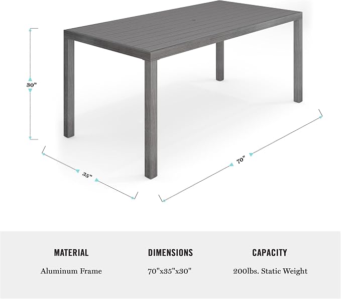 Martha Stewart Bedford 71" Indoor-Outdoor Aluminum Patio Table with Umbrella Hole and Brushed Woodgrain Finish in Brown