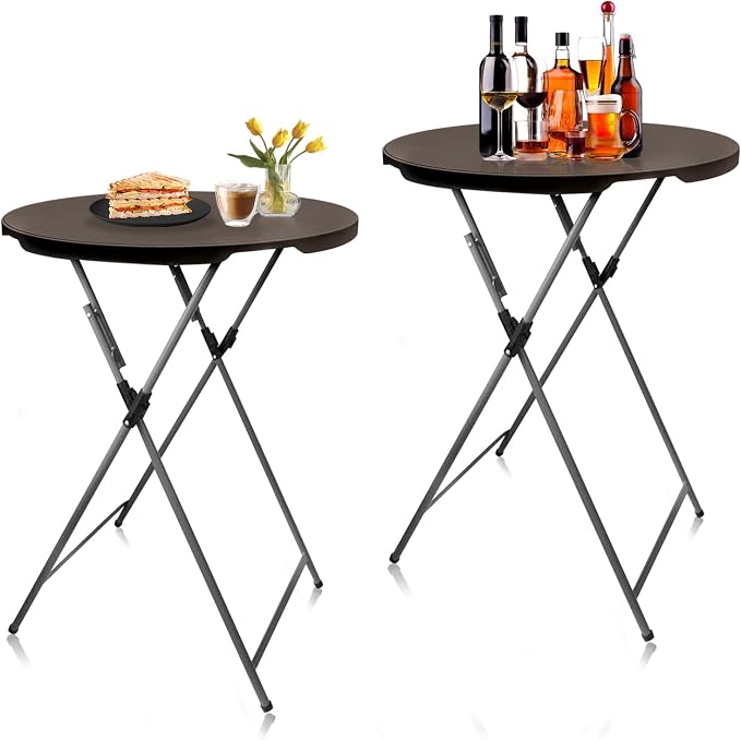 GUAGUA 32" Round Plastic Folding High Top Table - Versatile Bar, Cocktail & Portable Pub Table for Parties, Bistro & Events (Brown Set)