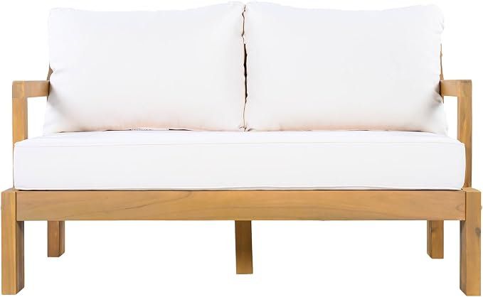 Christopher Knight Home Bayah 4 Piece Patio Furniture Set with Removable Cushion, Acacia Wood Outdoor Sectional Sofa Set with Coffee Table, 4 Seater Outdoor Conversation Set, Beige+Natural
