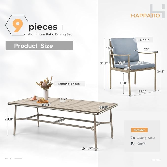 HAPPATIO 9-Piece Patio Table and Chairs Set for 8, Aluminum Outdoor Dining Set with Cushions, 8 Dining Chairs, 1 Large Rectangular Table with Umbrella Hole for Lawn, Porch, Backyard, Brown