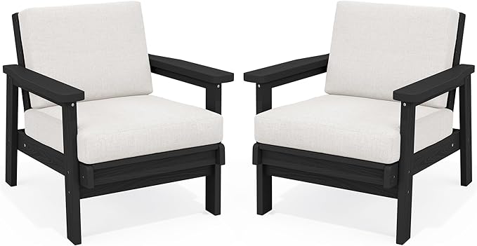 SERWALL HDPE Outdoor Couch Set of 2, All-Weather Wood-Like Patio Furniture Set, Black Outdoor Sofa Chairs with Khaki Cushions