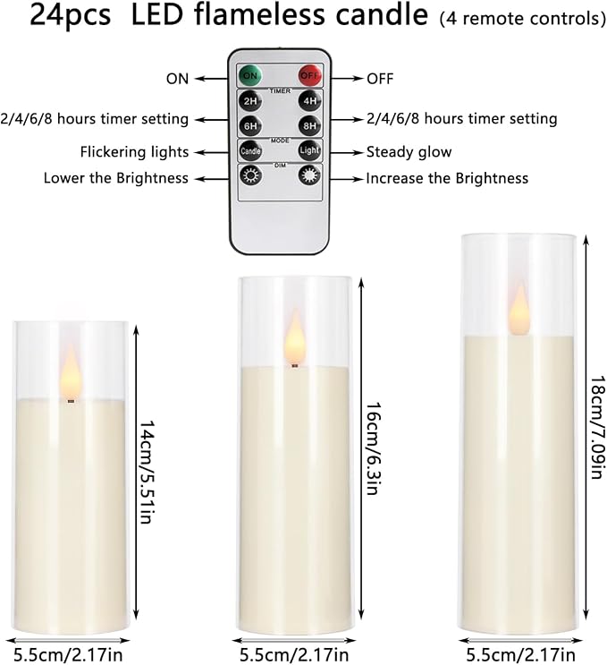 YOROXRG Flickering Flameless Candles Battery Operated with Remote,Led Pillar Candles with Realistic Moving Wick Candles for Halloween,Christmas,Home Decor Pack of 24 (D2.2 xH 5" 6" 7")(Ivory)