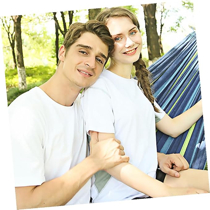Double Camping Hammock Canvas Outdoor Portable Swing Hammock for Adults and Widened Thickened Blue Canvas for Travel and Patio Use