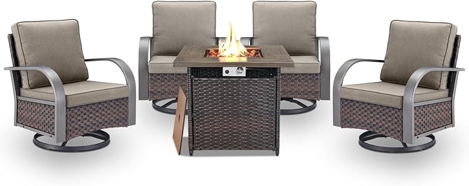 Belord 5 Pieces Patio Furniture Set with Fire Pit Table - 4 Outdoor Swivel Rocker Chairs with 50000 BTU Propane Fire Pit Table, Patio Conversation Sets for Outside Backyard Patio Casual Gathering
