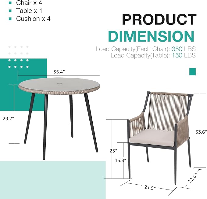 Patiorama 5-Piece Patio Dining Set, Outdoor Dining Table Chair Set, All-Weather Embossed Rattan Wicker Rope Conversation Set w/Umbrella Hole, Patio Furniture Set, 4 Cushioned Chairs&Glass Table(Beige)
