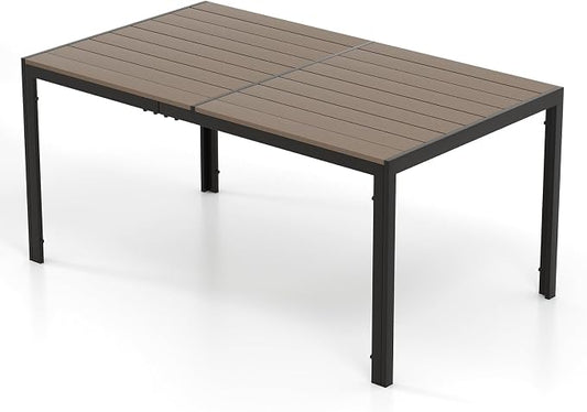 Tangkula Outdoor Rectangle Dining Table, 59” x 35” Large Outside Table with Metal Legs, Accommodate up to 6, Patio Weatherproof Table for Backyard, Garden, Poolside