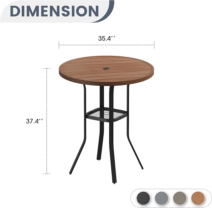 VICLLAX Patio Bar Height Table, Outdoor Round Bar Table with Umbrella Hole for Balcony, Porch, Deck, 37" Walnut