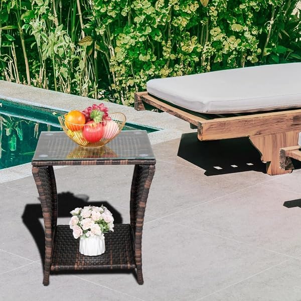 Generic Outdoor Patio Wicker Side Table, End Table with Glass Top Rattan Storage for Patio Courtyard Balcony - Brown, 18.1 x 18.1 x 19.5 inches