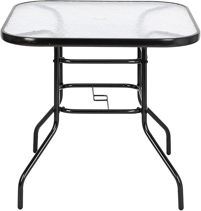 Outdoor Table Patio Table Dining Table with Tempered Glass Umbrella Hole for Lawn Balcony, Yard