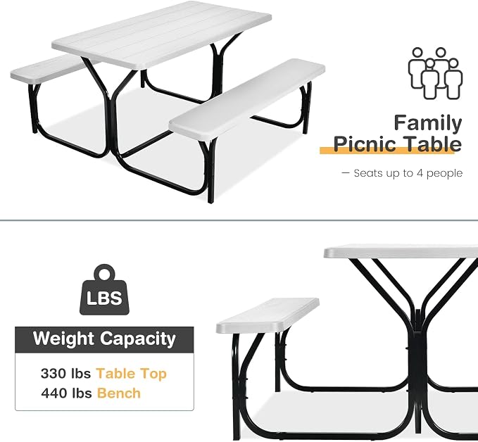 LDAILY Picnic Tables, Rectangular Picnic Table with Steel Frame, 2 Benches Set, HDPE Tabletop, Plastic Picnic Table for Outdoor, Camping, Patio, Lawn, Yard, Picnic Parties (White)