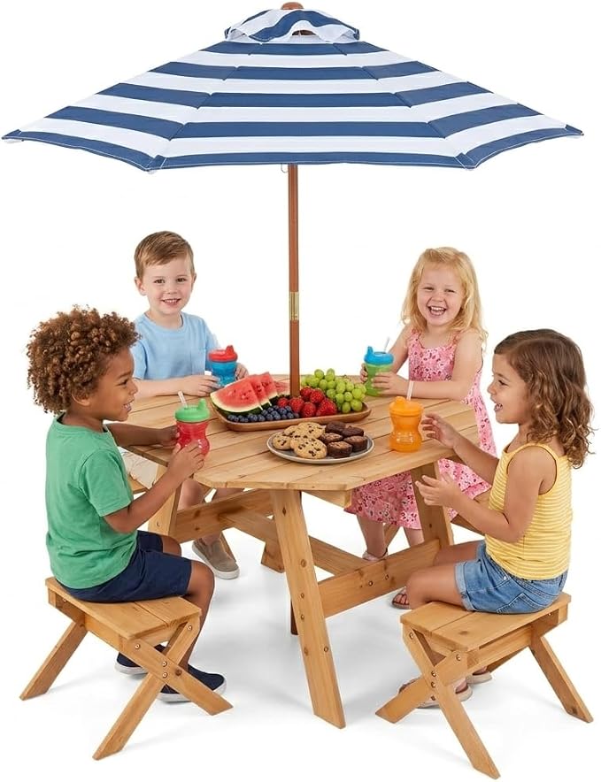 Costzon Kids Picnic Table, Fir Wood Octagon Kids Table and Chair Set with Removable Umbrella, Toddler Activity Table for Backyard, Garden, Patio, Kids Outdoor Furniture for Boys Girls (Natural)