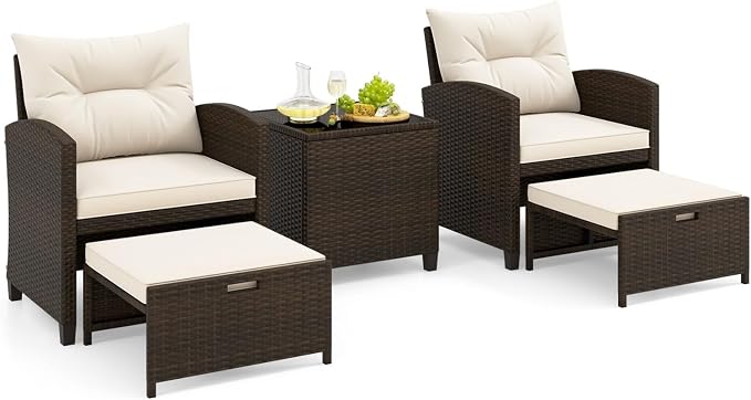 Tangkula 5 Pieces Patio Conversation Set, PE Wicker Outdoor Furniture Set with 2 Chairs, 2 Ottomans & Tempered Glass Coffee Table, Ideal for Poolside, Backyard, Lawn, Deck, Mix Brown & Off White