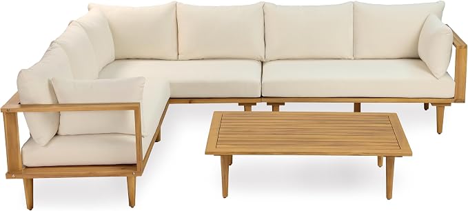 Christopher Knight Home Flynn Acacia Wood Patio Furniture Set, 6-Seater L-Shaped Sectional Sofa Set and Small Coffee Table, Outdoor Conversation Set for Backyard Poolside Balcony, Natural+Beige