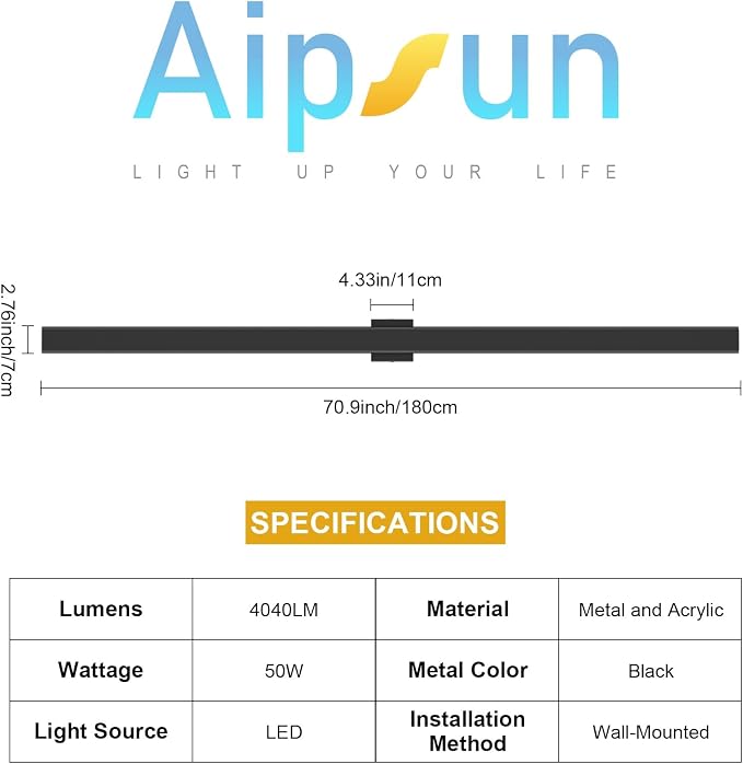 Aipsun 2 Packs 71in Outdoor Wall Sconce, 3000K 4000K 6000K Modern Black Exterior Light, Long LED Linear Wall Light Outside Lighting for Entrance, Hallway, Garage, Porch(3CCT)