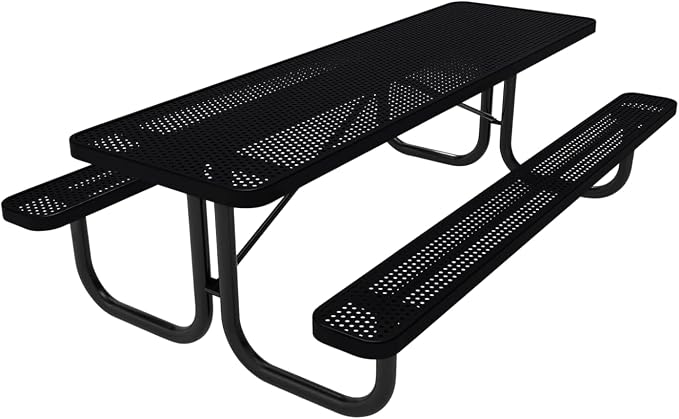 COATEDOUTDOORFURNITURE Heavy-Duty Portable Outdoor Picnic Table, Thermoplastic Coated Punched Steel Commercial-Grade Patio Dining Furniture Made in America (8ft Rectangular, Black)