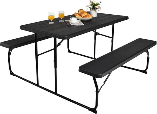 Giantex 4.5 FT Folding Picnic Table Bench Set- Outdoor Dining Set for 4-6 Persons w/All-Weather HDPE Tabletop, Metal Leg, Large Outside Dining Table for Lawn Patio Garden Yard Poolside, Black