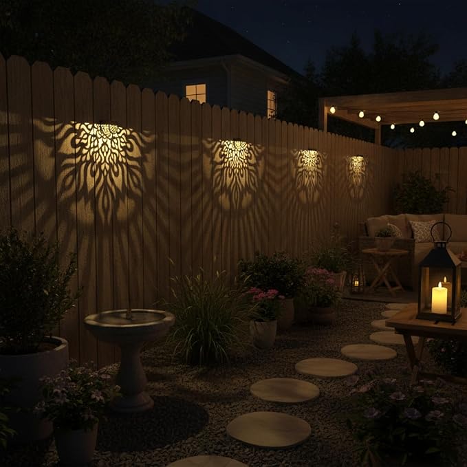 4 Pack Solar Fence Lights Outdoor Wall Lights Plastic Solar Powered Deck Step Stair Lights Mandala Theme Waterproof Fence Solar Light for Garden Post Patio Yard Decor, Gardening Gifts for Women Mom