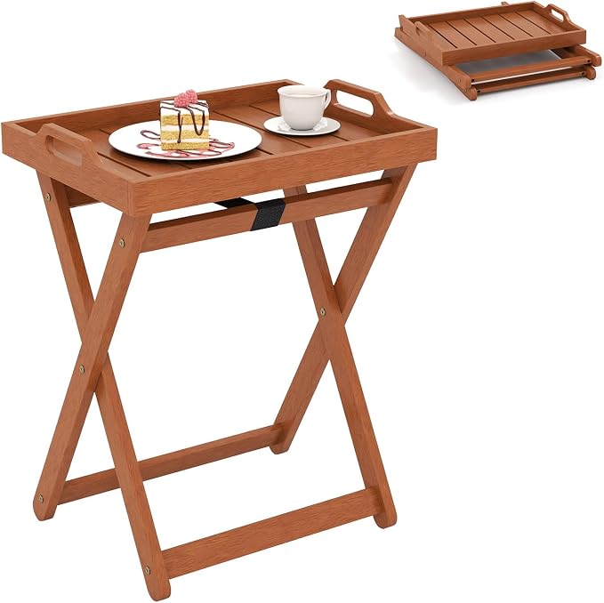 Tangkula Outdoor Wood Tray Table, Patio Portable Side End Table with Removable Serving Tray and Folding Frame, Outside Coffee Bistro Furniture for Porch, Balcony and Garden (1)