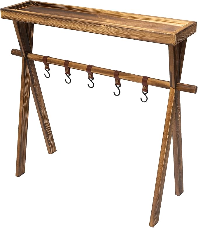 Portable Wooden Picnic Rack, with hanging hook, Lightweight Wood Outdoor Shelf Foldable Travel Camping Table Rack for Storage,Outdoor Kitchen,RV Picnic,BBQ,Home Storage