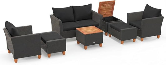 Tangkula 7 Pieces Patio Furniture Set, PE Rattan Sectional Sofa Set with Loveseat, Armchairs, Ottomans & Table, Acacia Wood Tabletop, Outdoor Conversation Set for Porch, Garden & Poolside (Black)