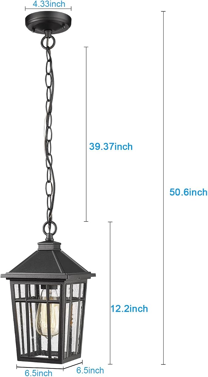 Darkaway Outdoor Pendant Light Fixture, Outdoor Hanging Light Porch Lights Fixtures Anti-Rust Waterproof Aluminum with Seeded Glass for Porch Entryway Doorway Farmhouse Black