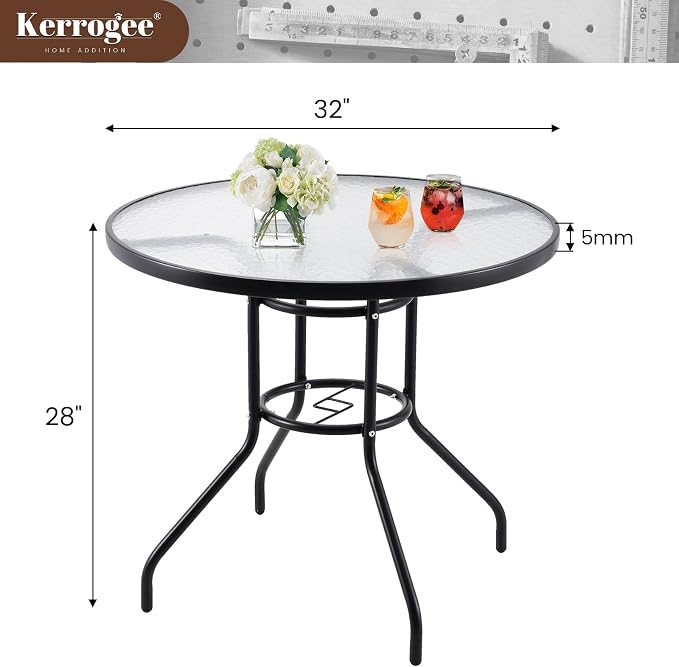 32'' Outdoor Patio Table, Bistro Table with Tempered Glass Table Top and Umbrella Hole Steel Frame Outdoor Furniture Party Conversation Coffee Table for Garden Backyard Balcony Lawn