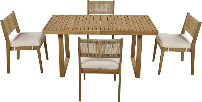 5-Piece Set Acacia Wood Dining Table and Chair Set, ll-Weather Outdoor Conversation Set Gathering Set.Thick Cushions, Suitable for Balcony, Vourtyard, and Garden (Beige@093)