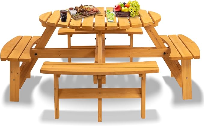 8 Person Wooden Picnic Table, Outdoor Camping Dining Table with Seat, Garden, DIY w/ 4 Built-in Benches, 2220lb Capacity - Natural