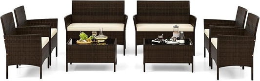 Tangkula 8 Piece Patio Rattan Conversation Set, Outdoor Wicker Furniture Set with Chair, Loveseat & Tempered Glass Table, Cozy Seat Cushions, Outside Sectional Sofa Set for Backyard, Porch (2, Beige)
