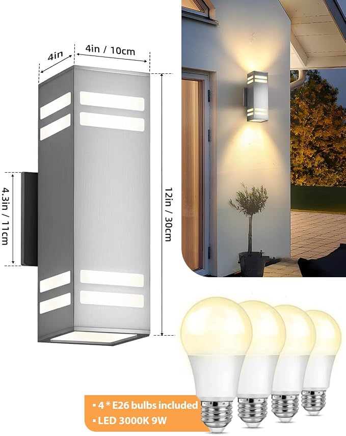 SHIMR Dusk to Dawn Outdoor Lighting, Stainless Steel Modern Sconce, 2 Pack | Brushed Nickel Finish, Up and Down, E26 Base, Bulbs Include, Exterior Light Fixture for Porch Garage Patio