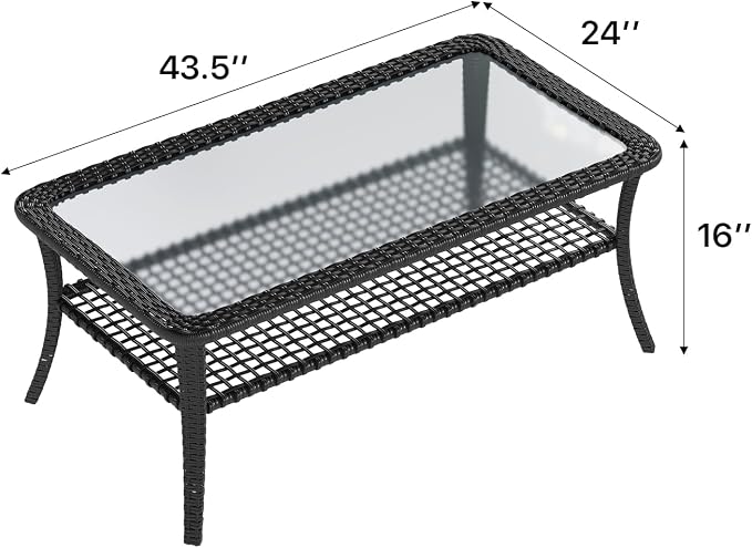 Aoxun Outdoor Coffee Table with Storage Wicker Patio Coffee Table, All-Weather Tempered Glass Top Coffee Table for Patio Furniture Set for Balcony, Garden, Deck, Backyard, Yellow