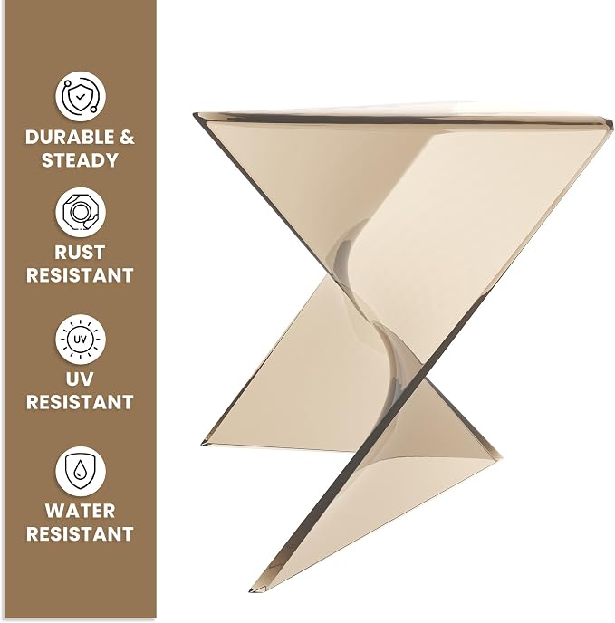 LeisureMod 15.75" Triangular Side Table, Stackable Plastic Accent End Table for Indoor & Outdoor Use, Weather-Resistant Modern Patio & Living Room Table, Set of 2, Amber (Transparent)