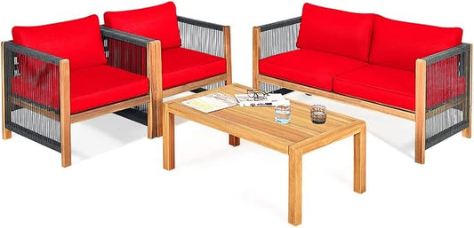Tangkula Outdoor Wood Furniture Set, Acacia Wood Frame Loveseat Sofa, 2 Single Chairs and Coffee Table, 4 Pieces Conversation Set with Cushions, Garden Balcony Poolside Outdoor Living Set (1, Red)