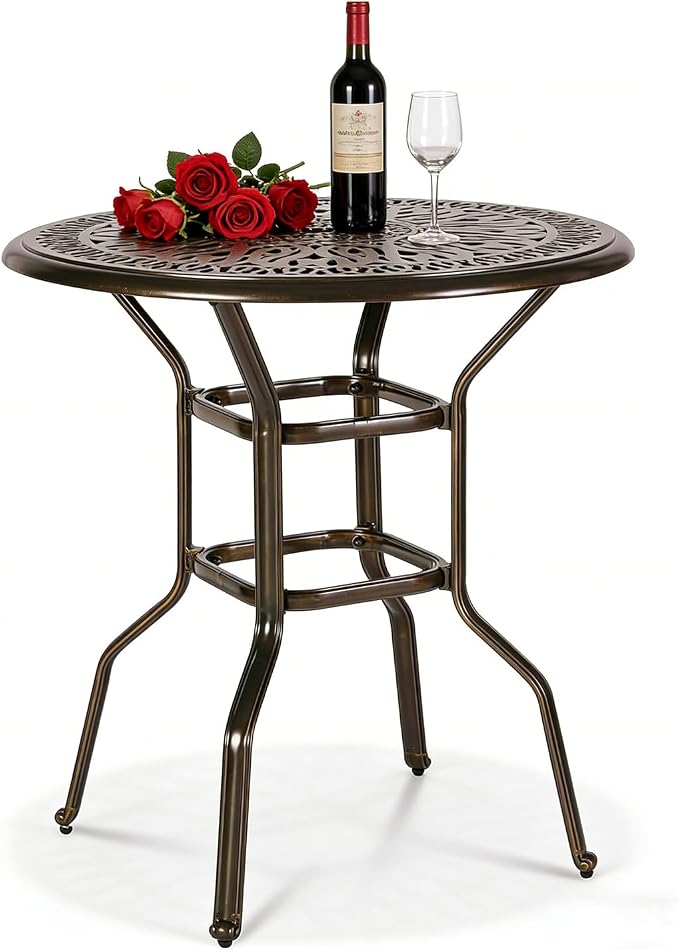 MEETWARM Patio Height Bar Table, 35.4" Bar Height Bistro Table, Outdoor Cast Aluminum Bistro Round High Top Dining Table with 2" Umbrella Hole for Garden Deck Backyard, Dark Bronze