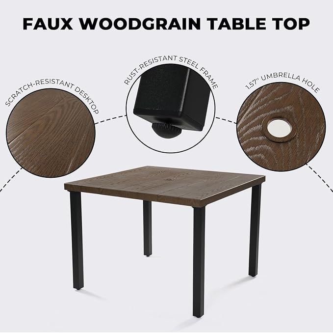 Grand patio 5 PCS Outdoor Dining Set, Metal Woven Wicker Swivel Patio Chairs with Thickened Cushions & 1 Square Woodgrain Dining Table with Umbrella Hole for Backyard Deck (Natural)