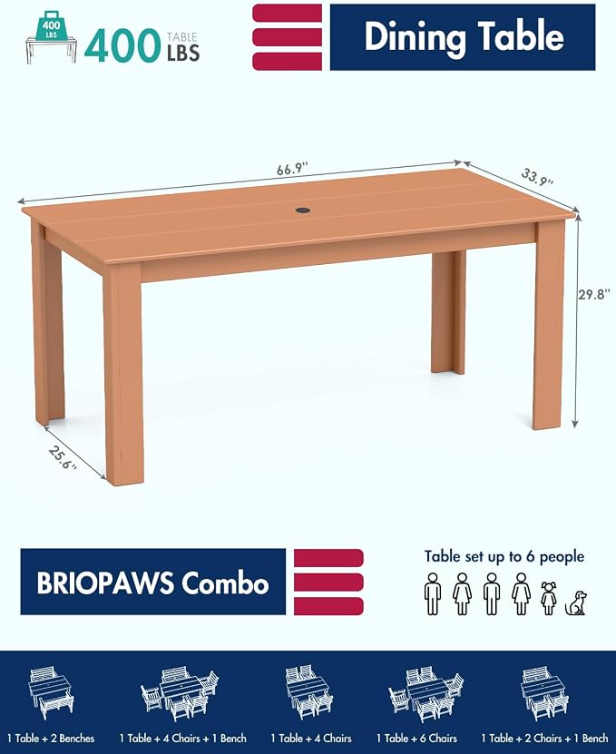 BRIOPAWS Outdoor Dining Table | HDPE | 67” Patio Rectangle Tables | All Weather | Umbrella Hole | Patio Furniture Set for 4-6 Person | Teak