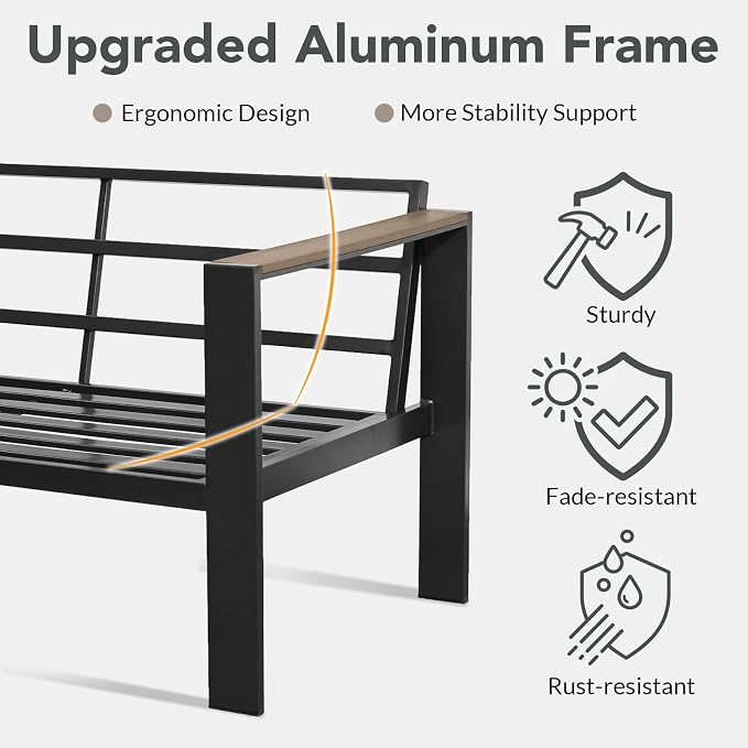 Outdoor Patio Furniture Set 3 Seats Sofa and Ottomans with Washable Thick Cushions, All-Weather Luxury Aluminum Modern Outside Sectional Set for Porch, Balcony, Deck, Yard, Dark Gray