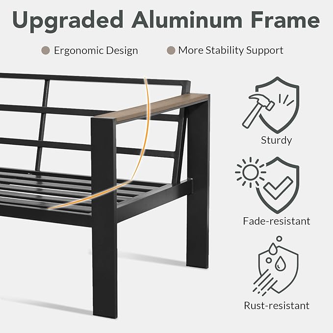 Patio Furniture Set Loveseat and Coffee Table All-Weather Patio Sofa with Washable Thick Cushions, Deluxe Aluminum Modern Outside Sectional for Porch, Balcony, Deck, Yard, Light Gray