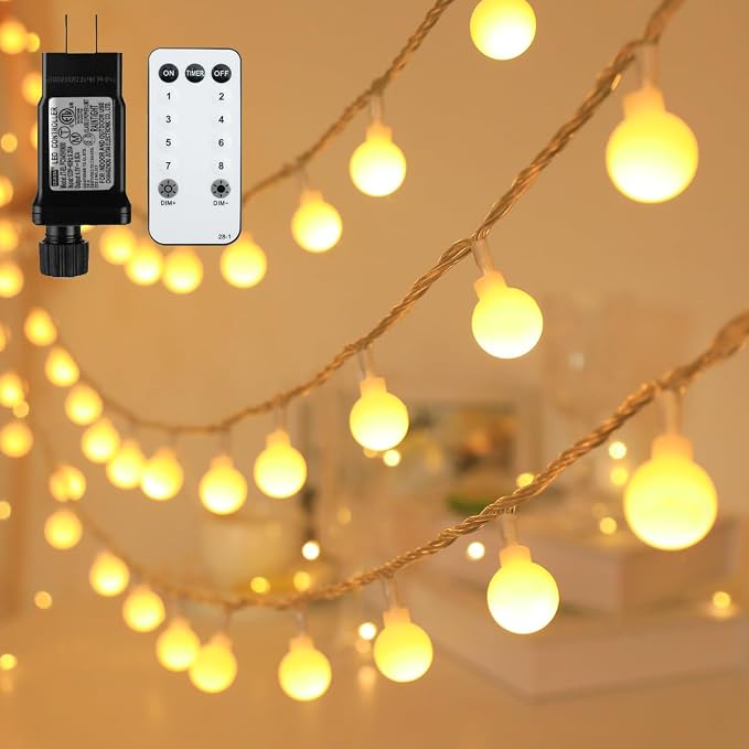 RaThun Globe String Lights Plug in 116 Ft. 200 LED 8 Modes with Remote,Waterproof Fairy String Lights for Indoor Outdoor Bedroom Party Wedding Garden Christmas Tree Decor,Warm White | 200 LED Fairy Lights with Timer, 8 Modes, 16ft Extended Lead, Plug i...