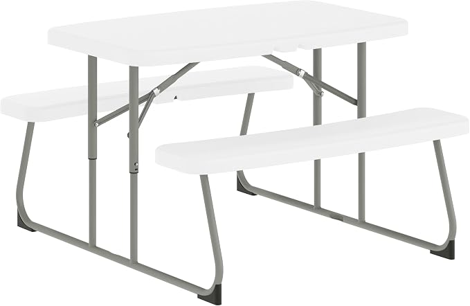 BizChair Easy-Fold Kids Outdoor Picnic Table and Benches - Commercial Grade Folding Plastic Play Table - Recommended for up to Age 5 - White