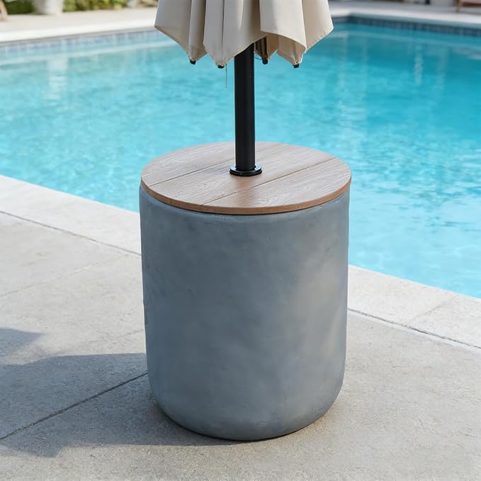 Outdoor Patio Side Table with Umbrella Hole, Grey All-Weather Coffee Table, Heavy-Duty Umbrella Stand Base for Yard Poolside Balcony No Assembly
