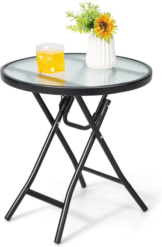HAPPYGRILL Outdoor Side Table, Folding Small Patio Table with Tempered Glass Tabletop, Steel Frame, Round Outdoor End Table with Anti-Slip Footpads for Balcony Garden Backyard Deck Poolside