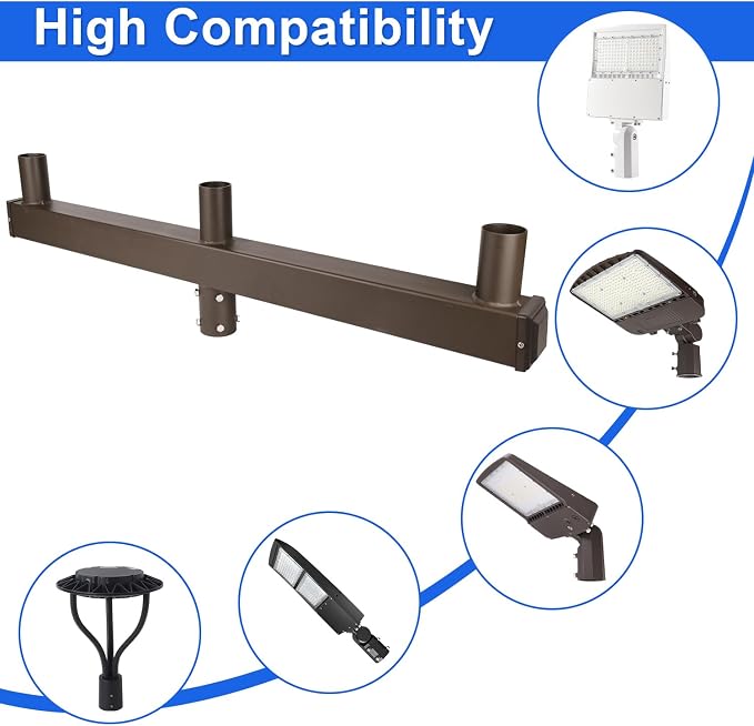 180° Low Profile Bullhorn Tenon with 3 Arms, 180° Vertical Tenon Bullhorn Bracket for 3 Lights, 2-3/8 in Slip Fitter Light Mounting for Parking Lot Pole Bracket Dark Bronze Heavy Steel