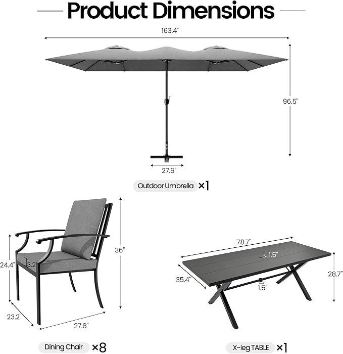 10 PCS Outdoor Patio Dining Set with 13.6ft Double-Sided Patio Umbrella,Patio Table and Chairs Metal Outdoor Patio Furniture Set,Dining Table Set with 8 Chairs,Grey