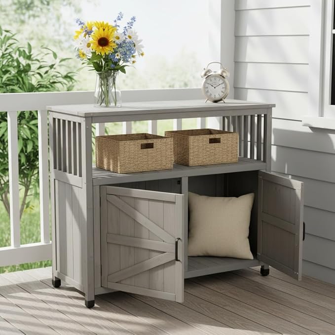 Wooden Outdoor Storage Cabinet, Outdoor Bar Table Cabinet with Storage, Outdoor Buffet Sideboard for Patio, Garden, Potting Bench, TV Stand, Bar Table, Balcony, Grey