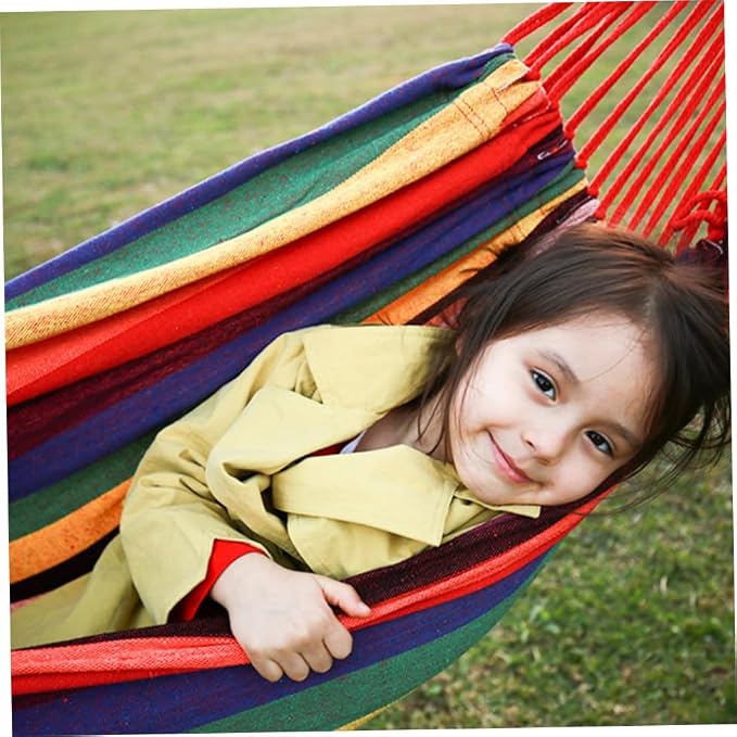 Portable Canvas Hammock for Outdoor Camping Striped Swing Hammock Chair Tree Straps Lightweight Hanging Bed for Backyard and Garden