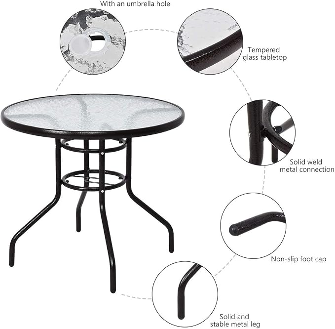 Tangkula 32-Inch Round Patio Dining Table with Tempered Glass Top, Metal Frame Outdoor Bistro Table with Umbrella Hole, Outside Table for Garden Poolside Balcony Yard