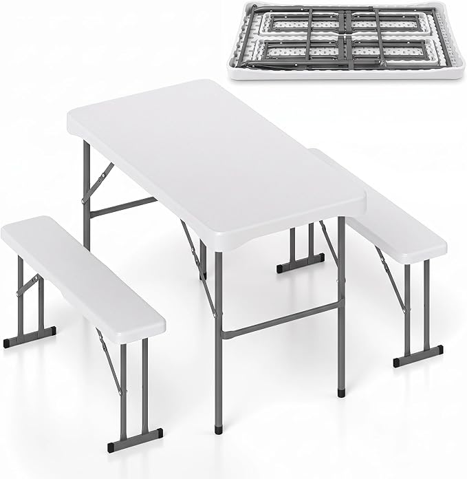 Giantex Folding Picnic Table Set w/ 2 Benches, 44" HDPE, White | Foldable Table & Chairs, All Weather Resistant, Space-Saving & Portable for Camping Party Dining BBQ, Large Weight Capacity