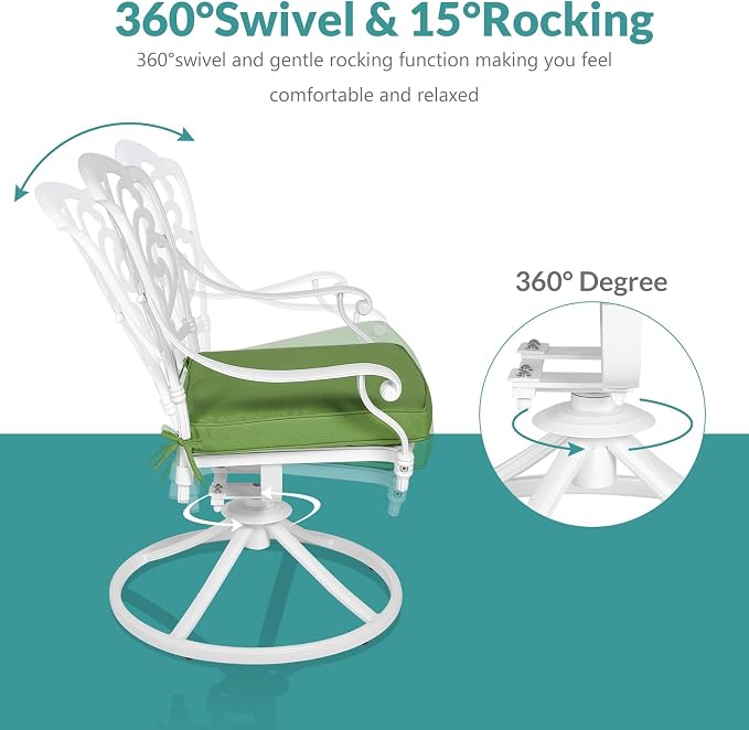 MEETWARM 5-Piece Outdoor Patio Dining Set, All-Weather Cast Aluminum Patio Conversation Set for Backyard Garden Deck with 4 Cushions Swivel Rocker Chairs and 35.4" Square Table, White